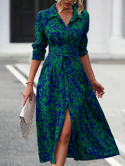 Women's Long-Sleeved All-Over Leopard Print Belted Shirt Dress - Casual Maxi Dress