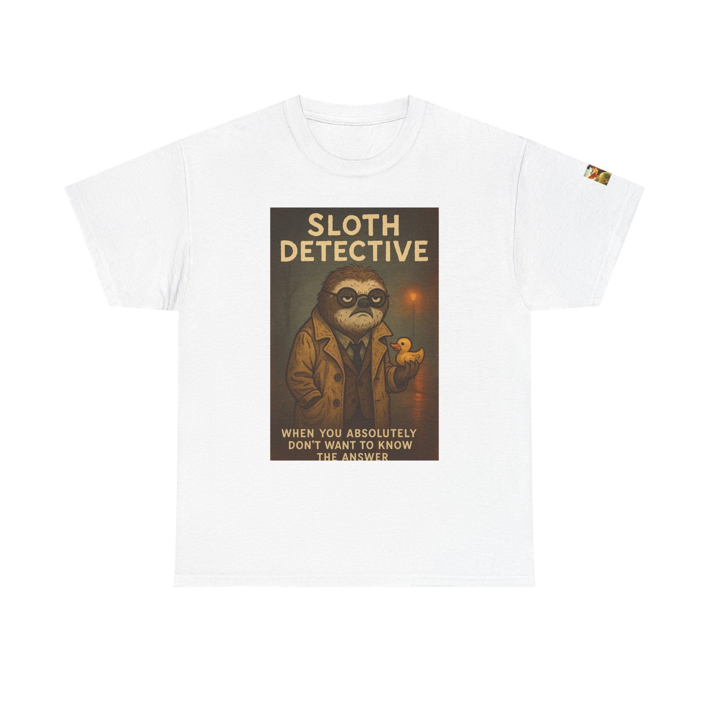 White t-shirt with The sloth detective graphic and text on a white background