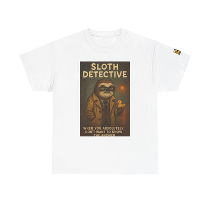 White t-shirt with The sloth detective graphic and text on a white background