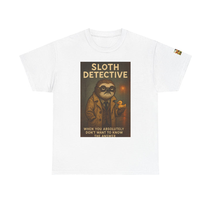 White t-shirt with The sloth detective graphic and text on a white background