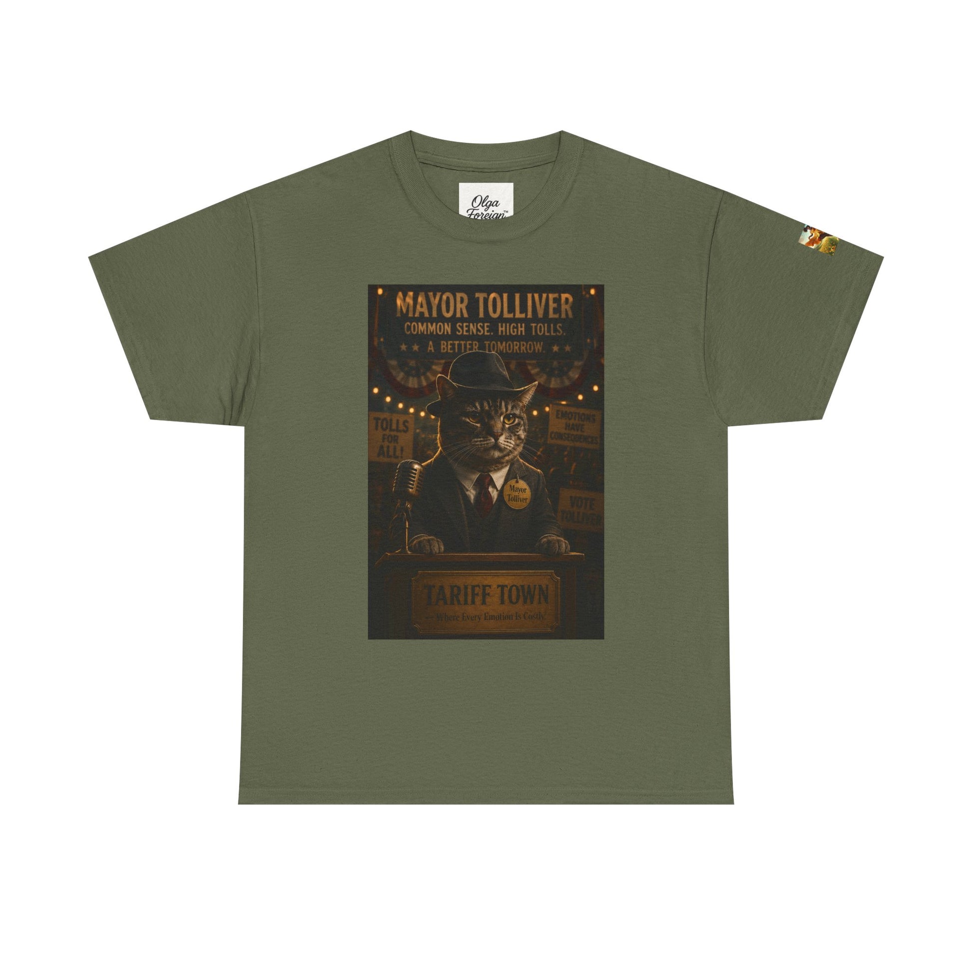 Green t-shirt with a graphic of Tolliver the cat mayor of Tariff Town on a white background