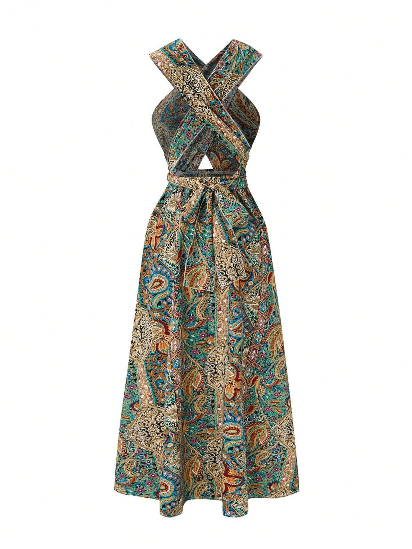Women's Sexy Wrap-around Strappy Printed Halter High-waisted Dress