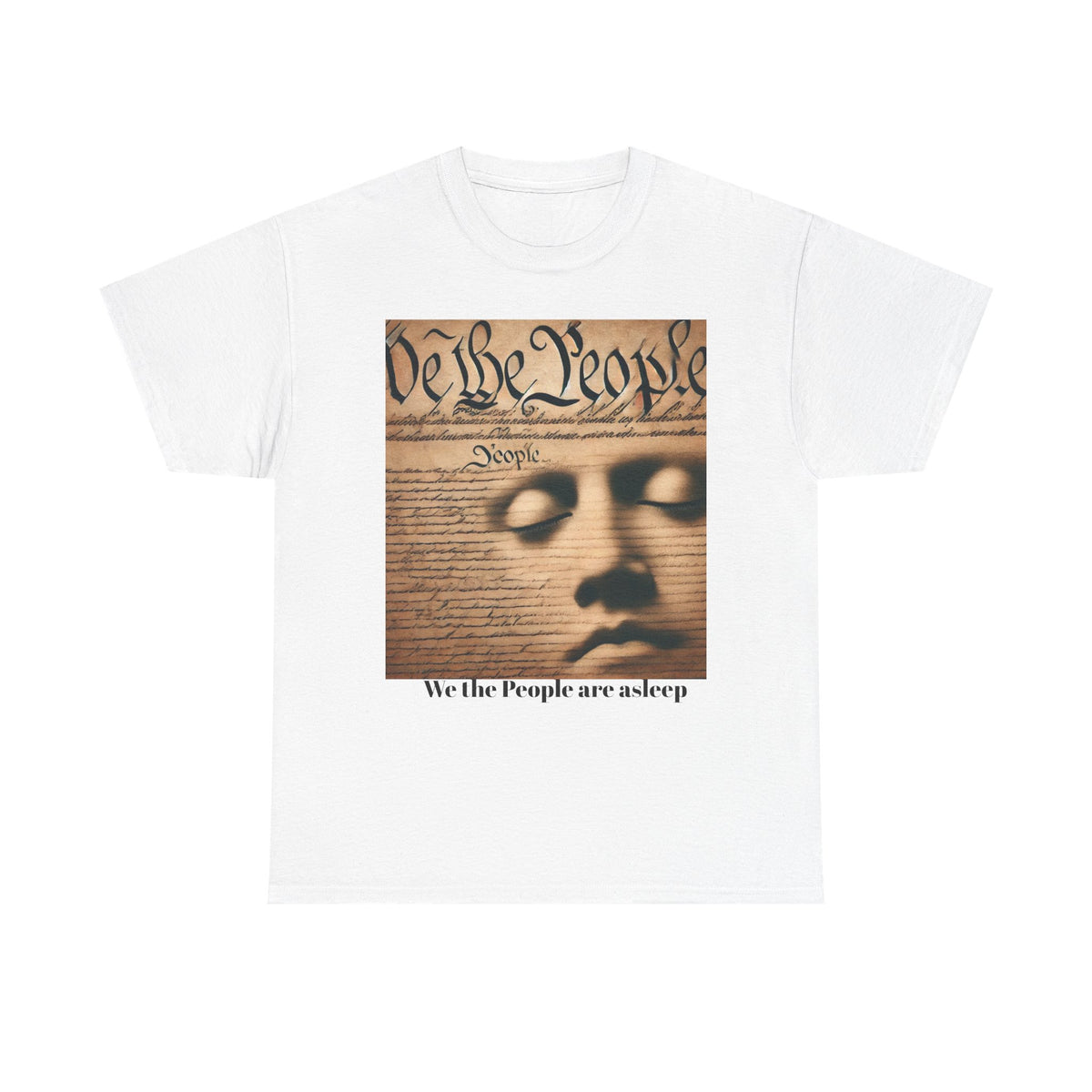 White t-shirt with a graphic design of a face of the Bill of Rights asleep and text on a white background