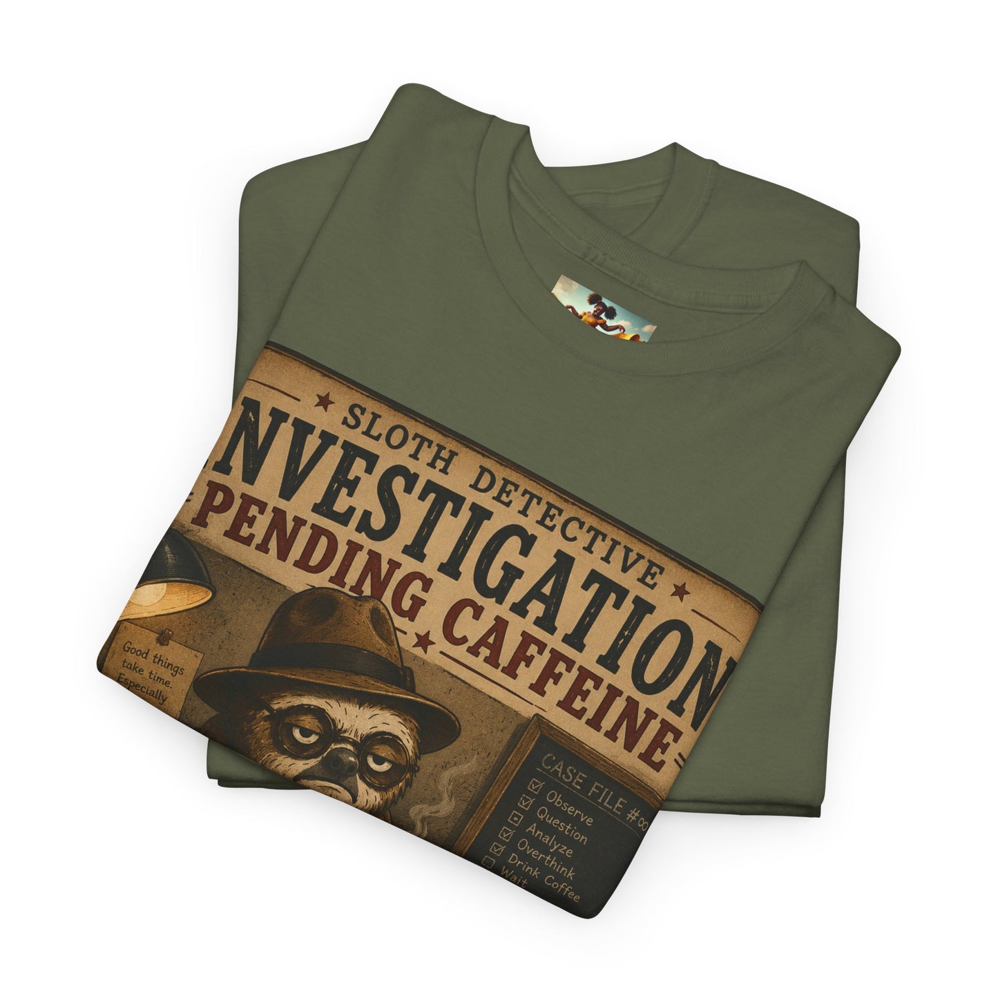 Investigation Pending Caffeine T‑Shirt — Sloth Detective Vintage Coffee Tee by Olga Foreign