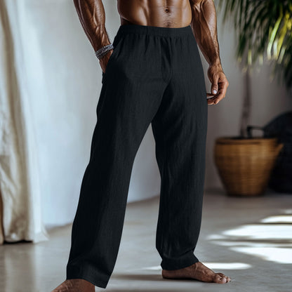 Cotton And Linen Solid Color Casual Trousers With Pockets