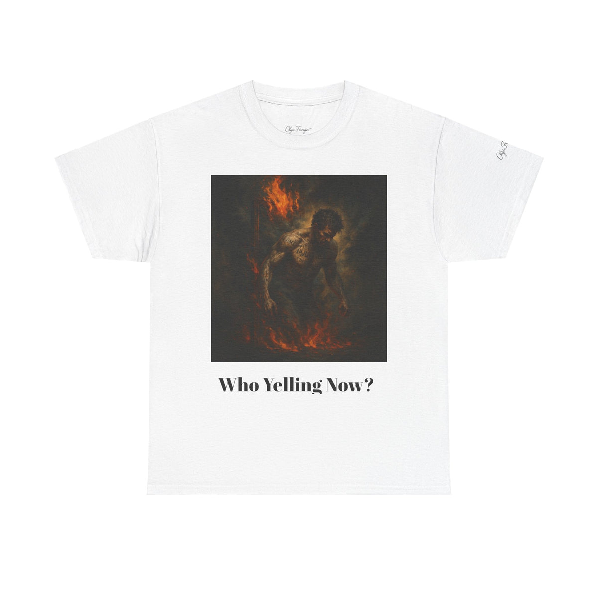 White t-shirt with a graphic design and text 'Who Yelling Now?' on a white background