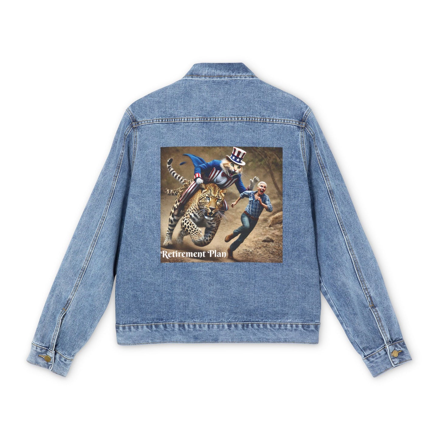 Men's Denim Jacket with Olga Foreign's Graphic Print - 'Retirement Plan' Design