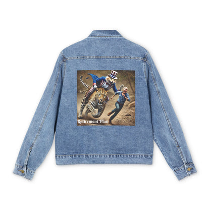 Men's Denim Jacket with Olga Foreign's Graphic Print - 'Retirement Plan' Design