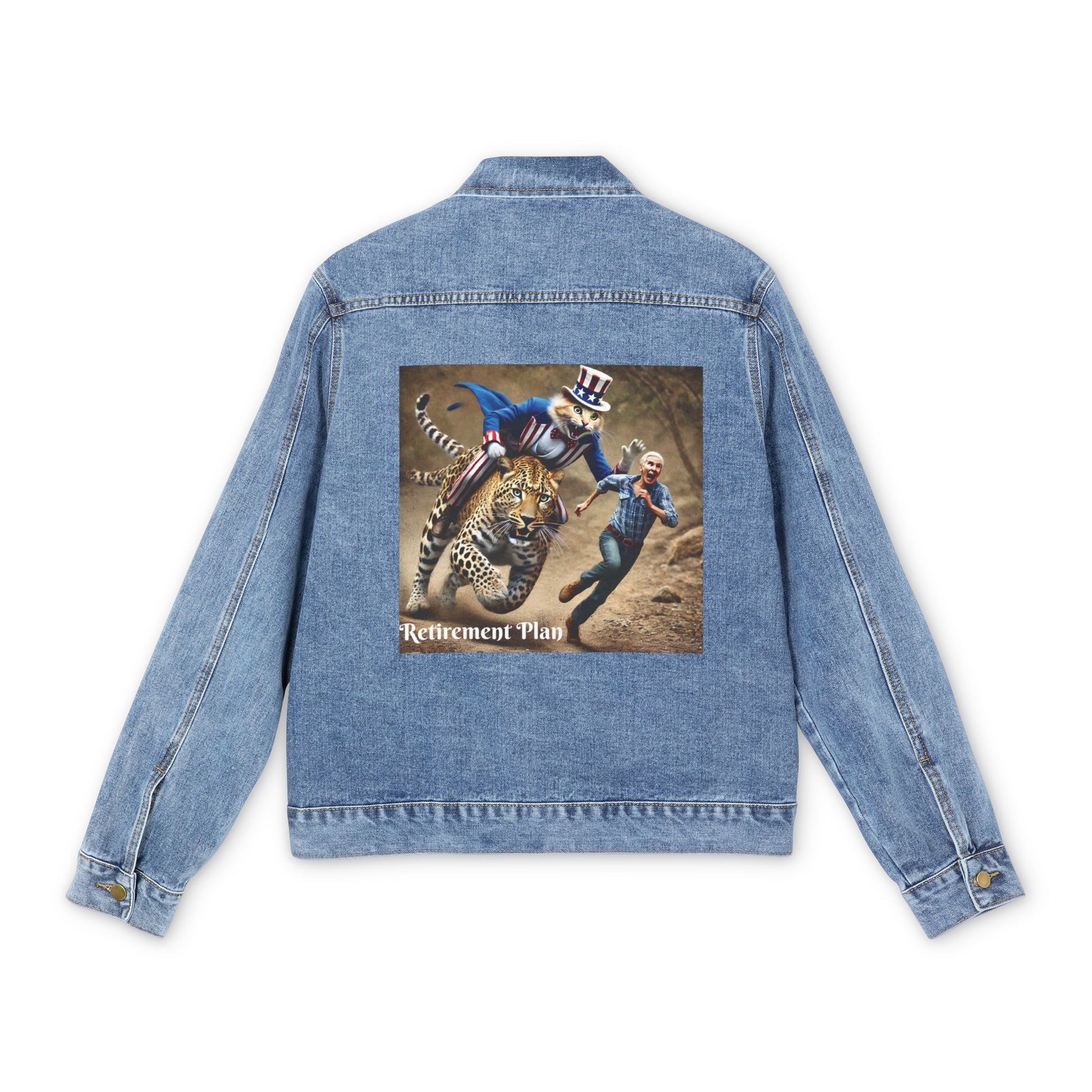 Men's Denim Jacket with Olga Foreign's Graphic Print - 'Retirement Plan' Design
