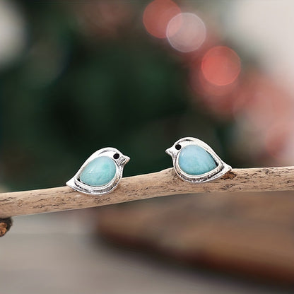 Retro Sky Blue Sparrow Stud Earrings