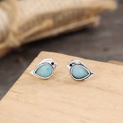 Retro Sky Blue Sparrow Stud Earrings