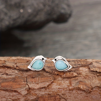 Retro Sky Blue Sparrow Stud Earrings