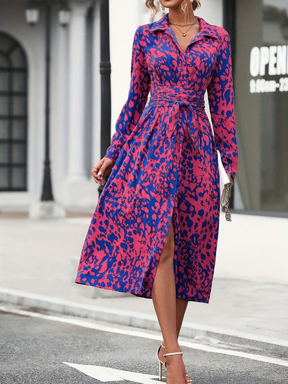 Women's Long-Sleeved All-Over Leopard Print Belted Shirt Dress - Casual Maxi Dress