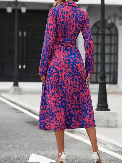 Women's Long-Sleeved All-Over Leopard Print Belted Shirt Dress - Casual Maxi Dress