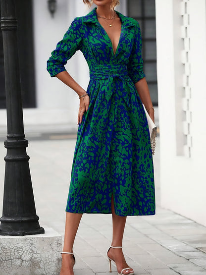 Women's Long-Sleeved All-Over Leopard Print Belted Shirt Dress - Casual Maxi Dress